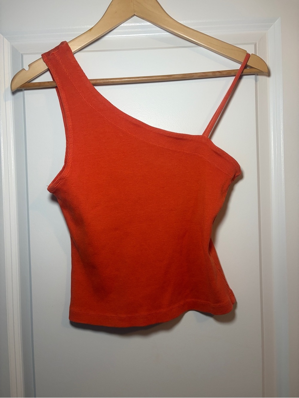 We The Free | Asymmetric Strap Ribbed Cotton Tank Top - Coral Orange - Picture 2 of 7